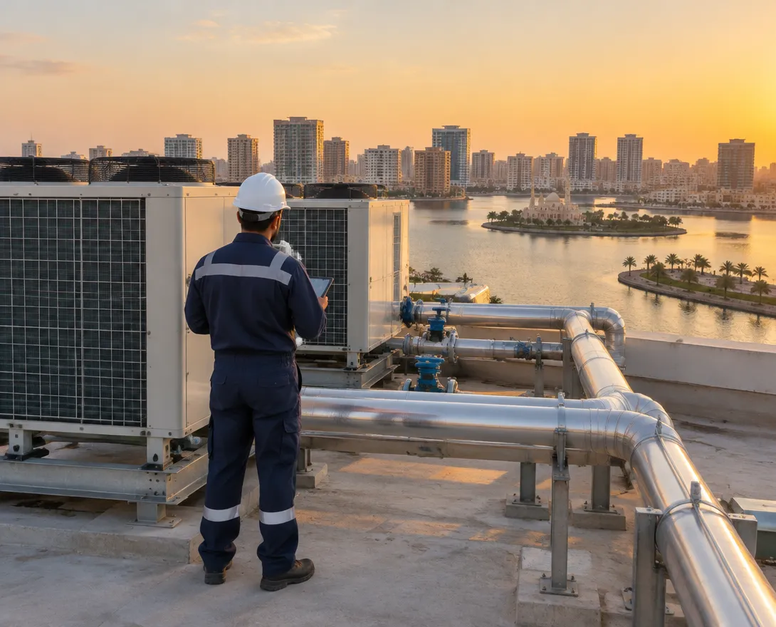 مهندس صيانة يفحص معدات التكييف على سطح مبنى